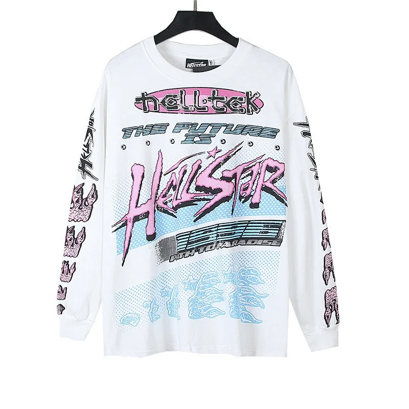 HELLSTAR White Retro - Futuristic Graffiti Printed Long Sleeve T - Shirt