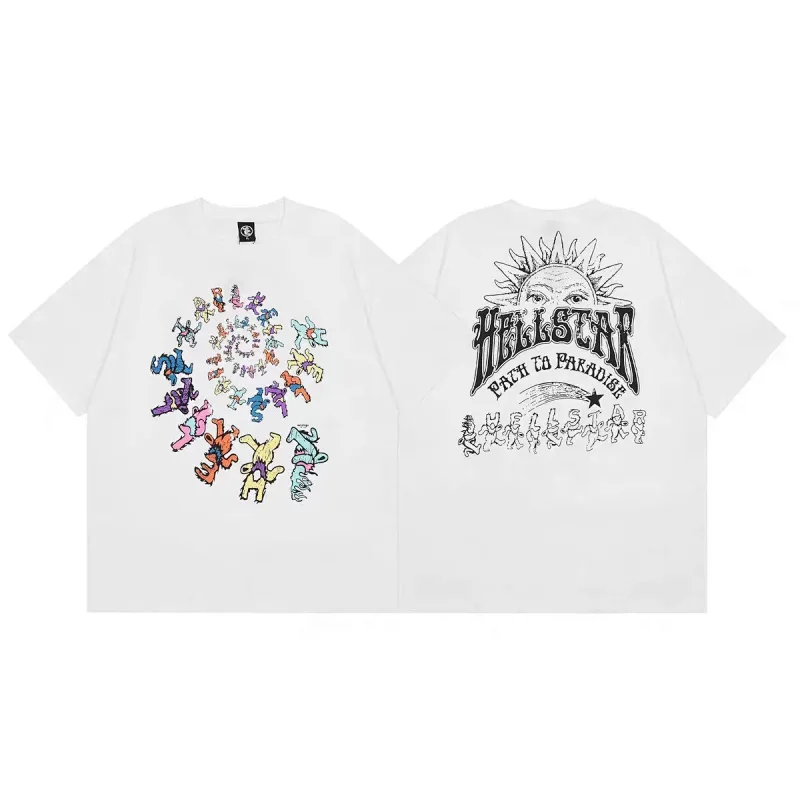 HELLSTAR White T - Shirt with Colorful Cartoon Spiral Front & Sun - Themed Back Graphic