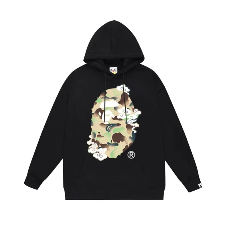 BAPE Black Hoodie with Camouflage Ape Head & Cloud Patterns