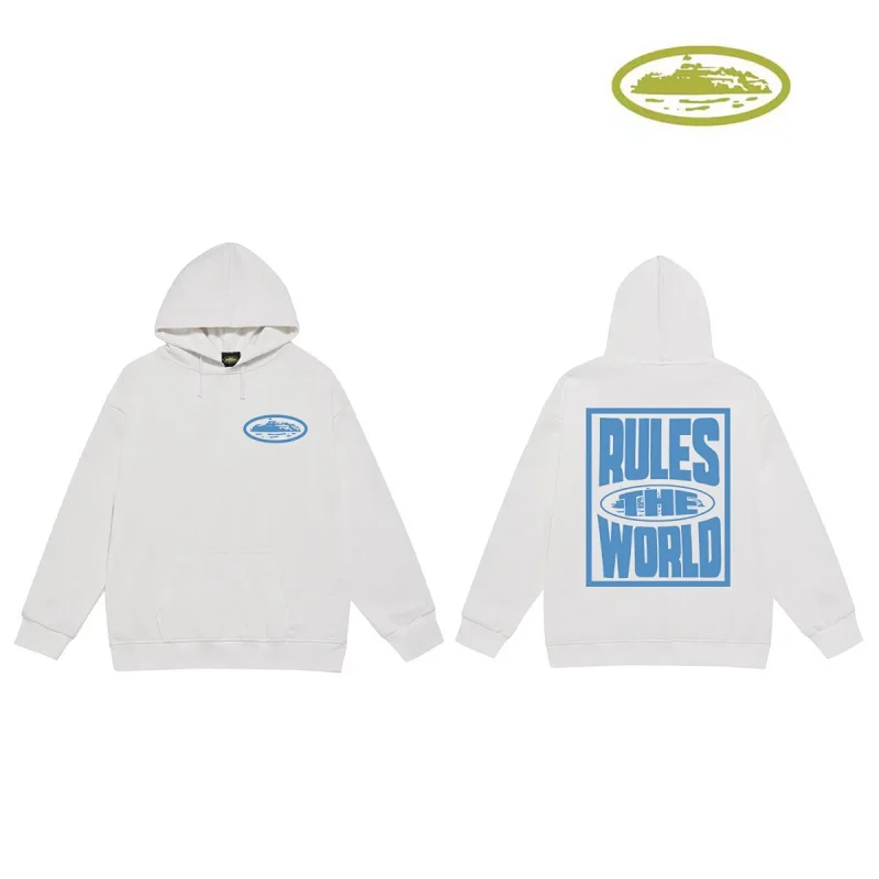 Corteiz White Hoodie with Blue "RULES THE WORLD" Print (Front Small Logo, Back Large Slogan)
