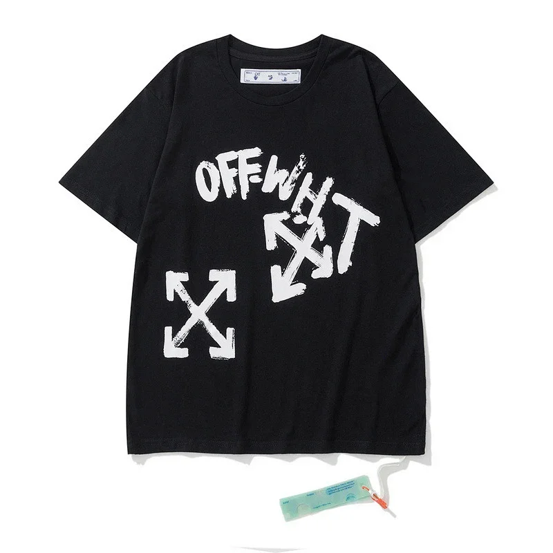 OFF-WHITE Black Short Sleeve T - Shirt with White Graffiti Logo and Arrow Prints