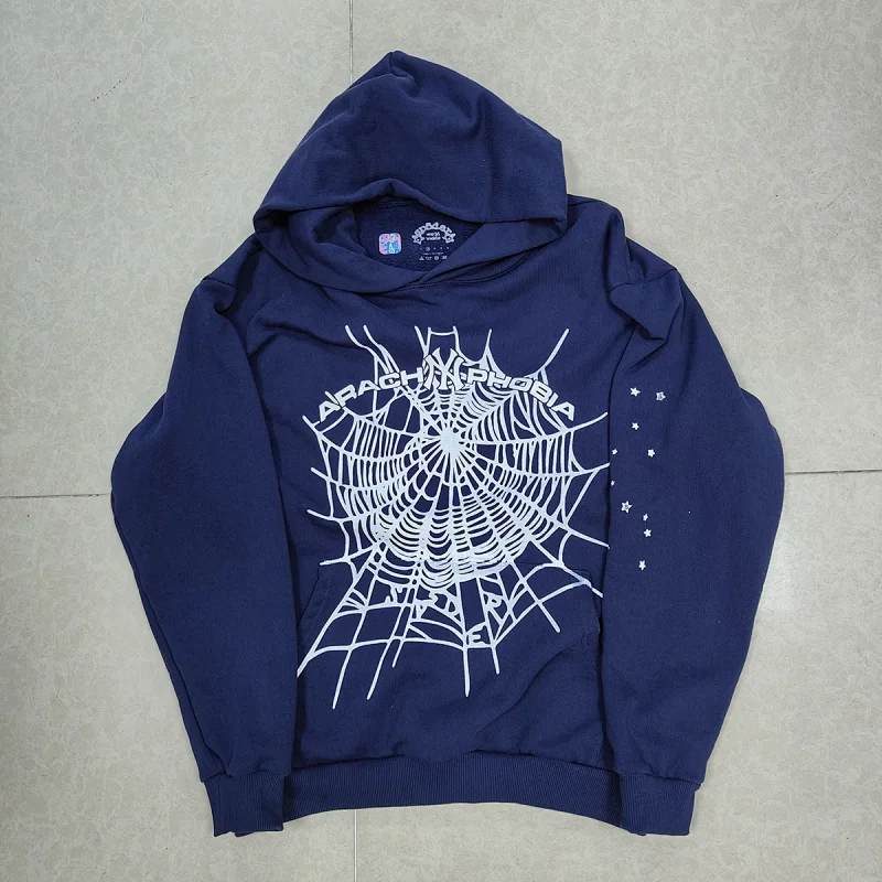 ARACHNOPHOBIA Navy Blue Spider Web Graphic Hoodie with Star Details