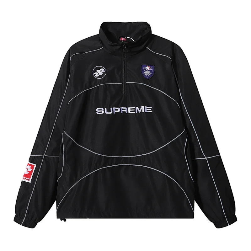 Supreme Black Half - Zip Track Jacket with Logos & Patches