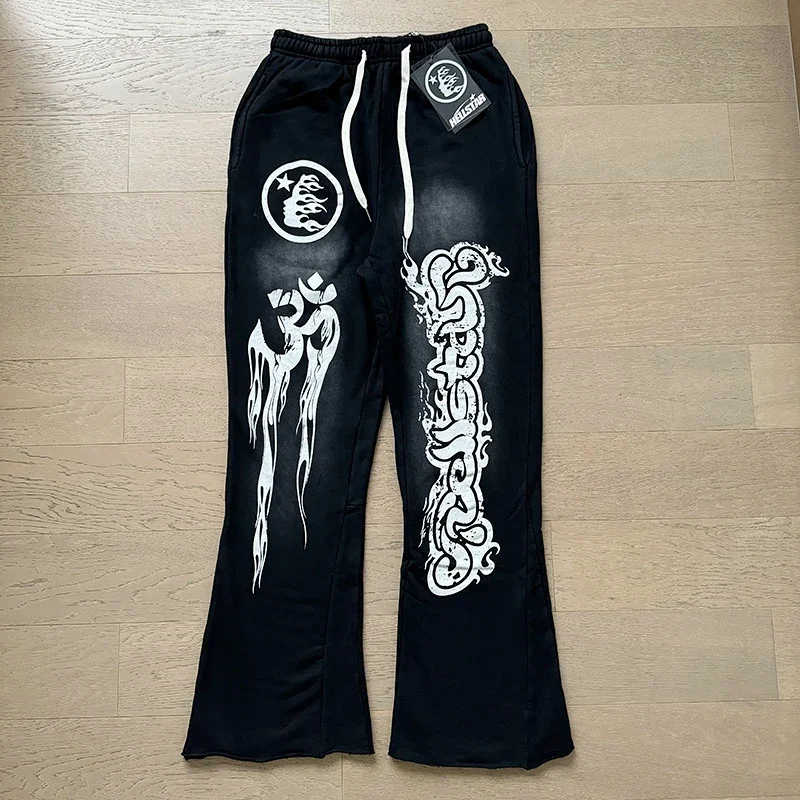 HELLSTAR Black Flared Sweatpants with White Graphic (Om, Artistic "MELTED" Text, Logo)