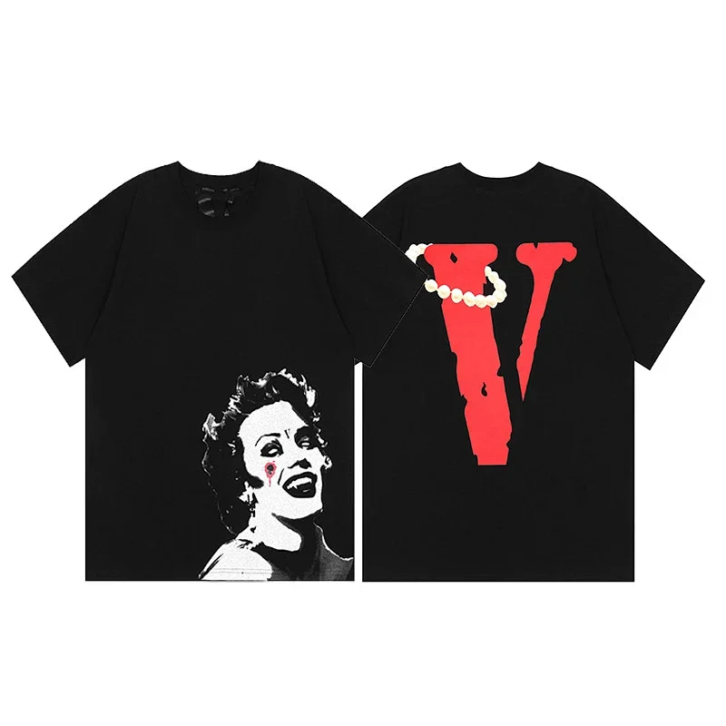 VLONE Black T - Shirt with Bloody Woman Graphic & Red V + Pearl Chain on Back