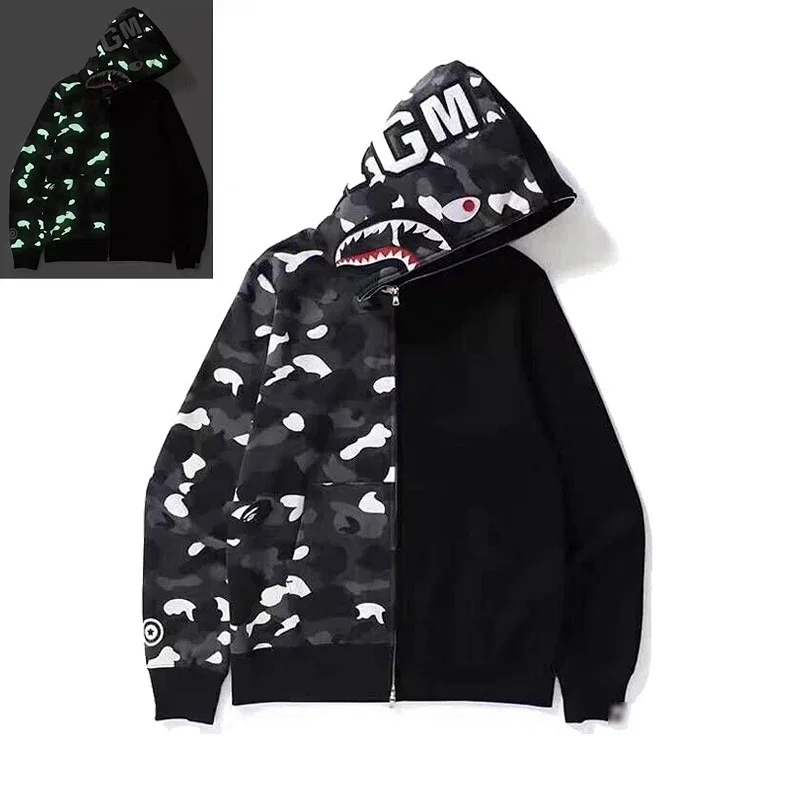 BAPE Black Glow In The Dark Camo Shark Half Zip Hoodie