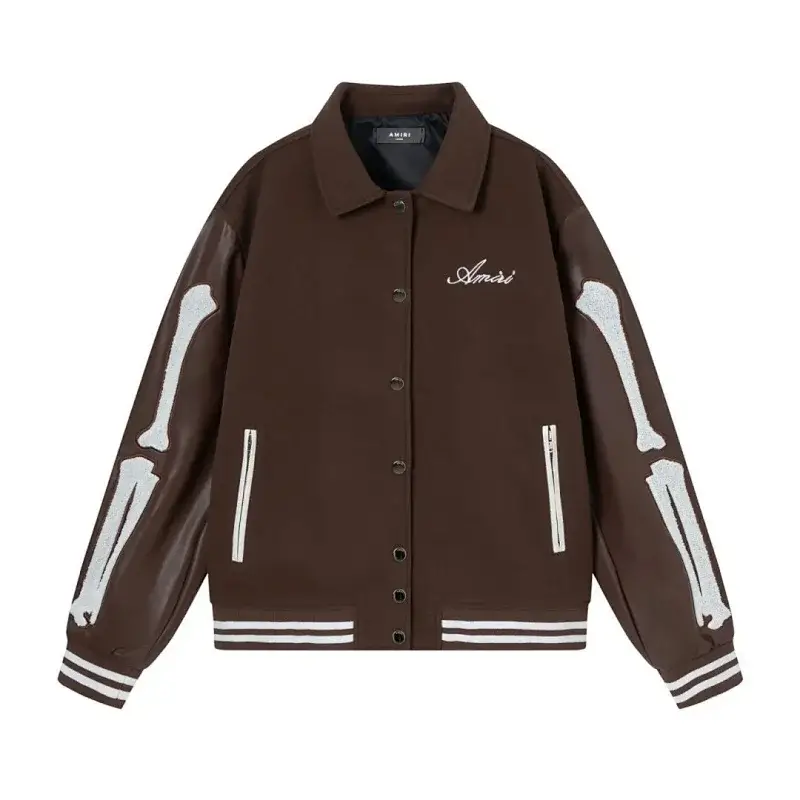 Amiri Brown Varsity Jacket with Leather Sleeves