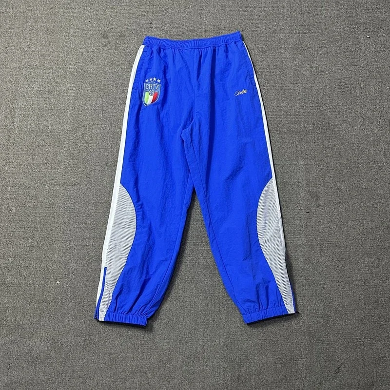 CPTZ Blue Track Pants with White Stripes, Mesh Panels & Emblem