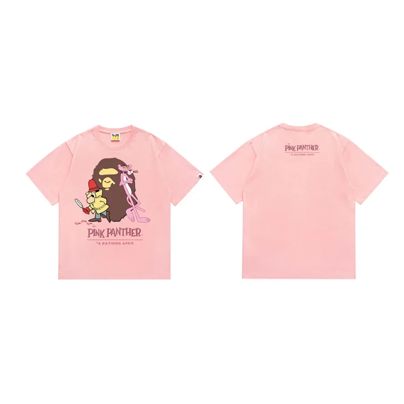 A BATHING APE x PINK PANTHER Pink Short - Sleeve T - Shirt with Cartoon Graphic