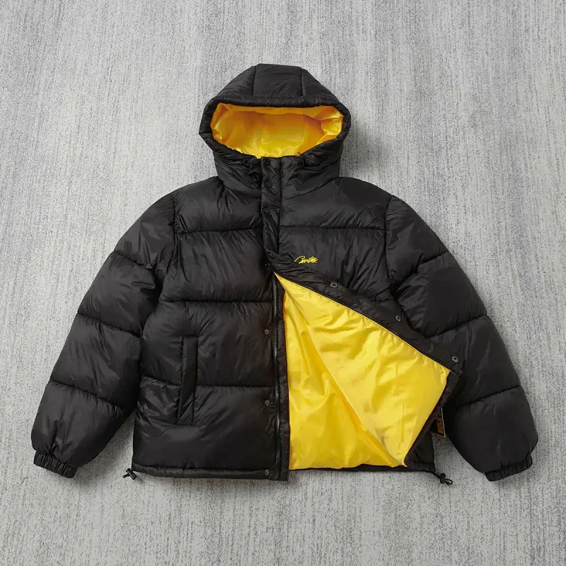 Corteiz Black Hooded Puffer with Yellow Lining