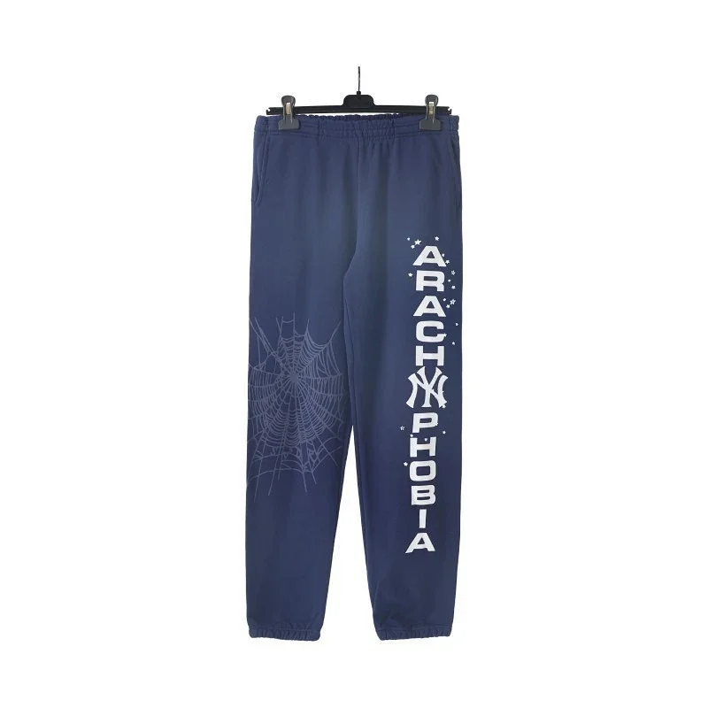 ARACHNOPHOBIA Navy Blue Sweatpants (Spider Web + Vertical Text Print)