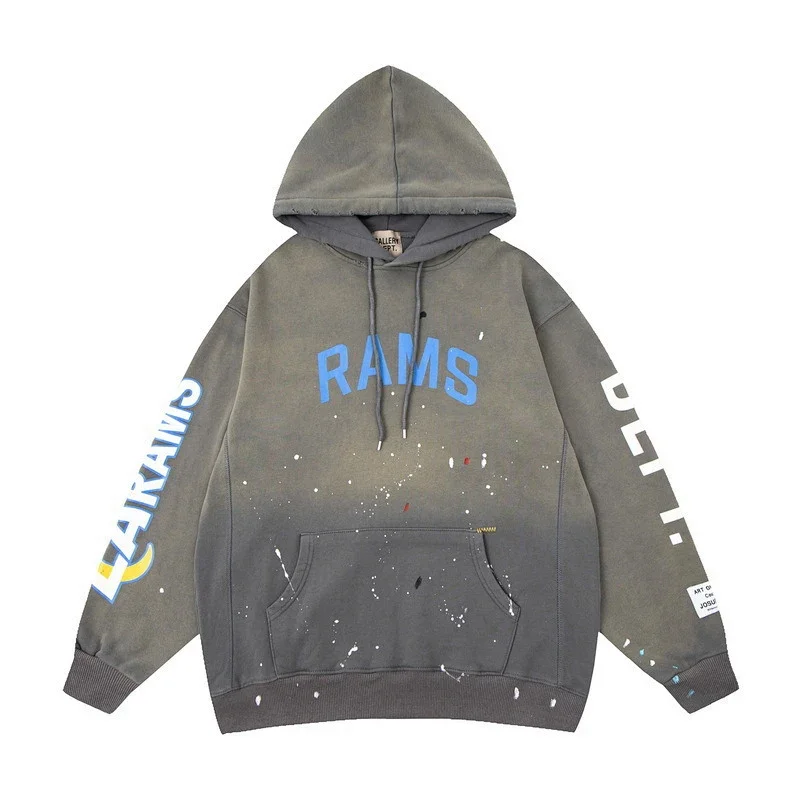 RAMS Dark Gray Gradient Distressed Paint - Splattered Hoodie with Sleeve Graphics & Kangaroo Pocket