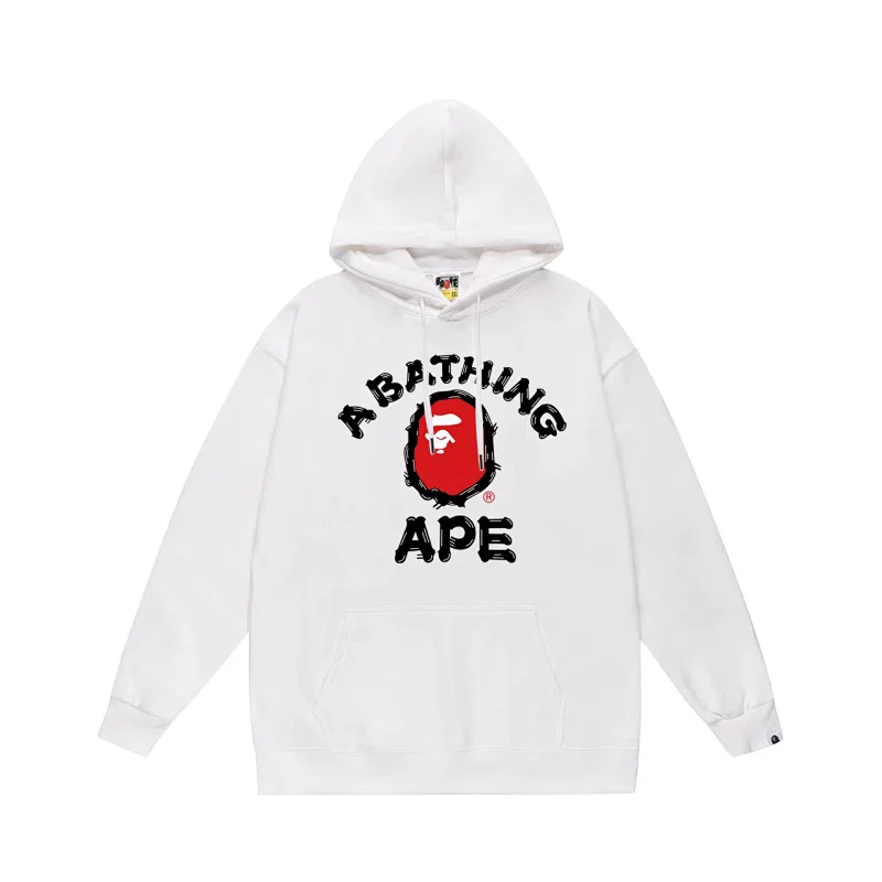 A BATHING APE White Hoodie with Red Ape Head Logo & Black Text