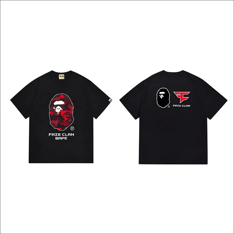 BAPE x FaZe Clan Black T - Shirt with Camo Ape Head & Brand Logos (Front/Back)
