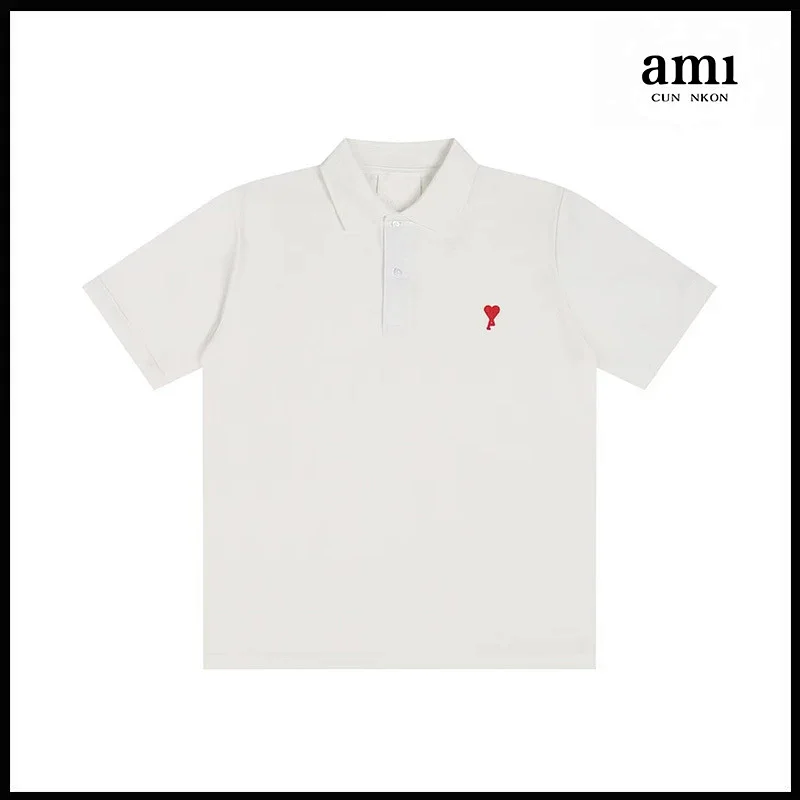 Ami White Polo Shirt with Red Heart Embroidery