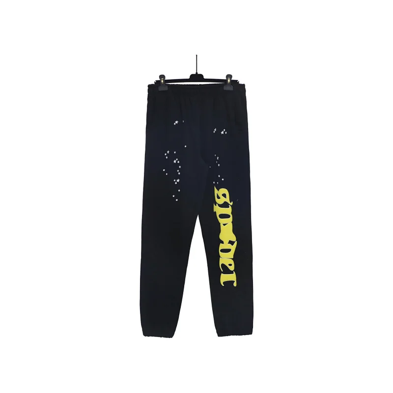 TRADE Black Sweatpants with Star Patterns and Yellow Inverted Text