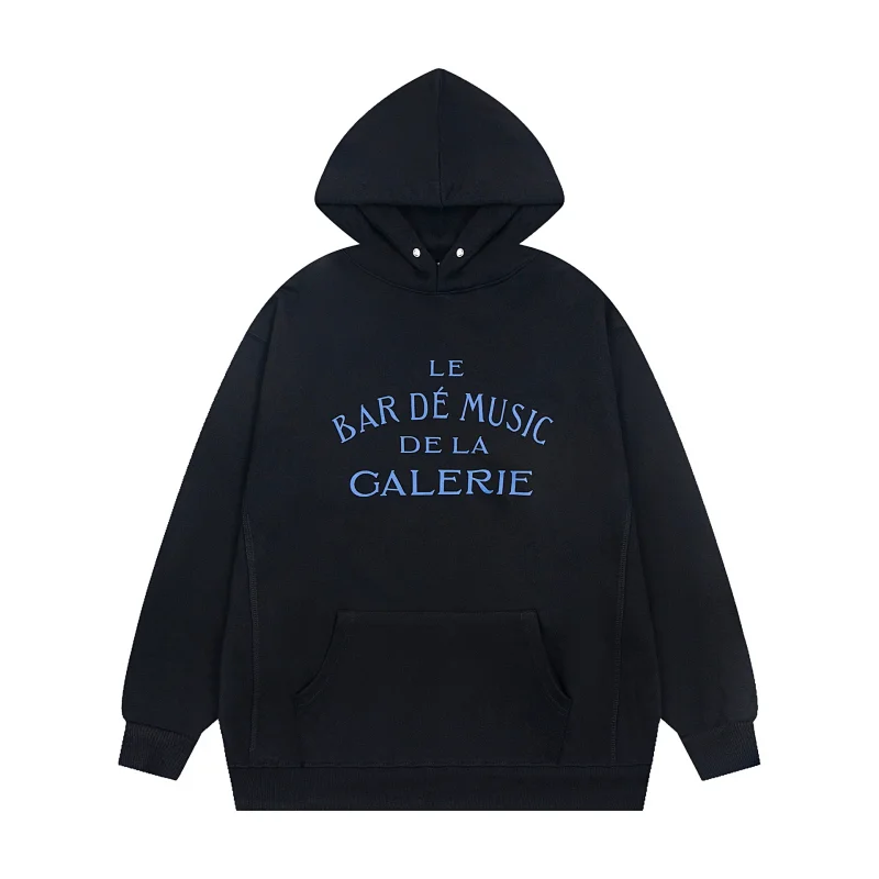 Galerie Black Hoodie with "LE BAR DÉ MUSIC DE LA GALERIE" Blue Embroidery