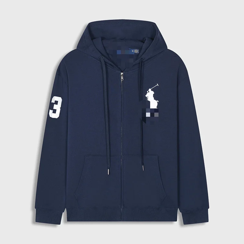 Polo Ralph Lauren  Navy Blue Full - Zip Hoodie with Polo Player Logo, Number 3, Kangaroo Pocket & Drawstrings
