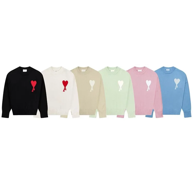 Ami Crewneck Sweaters with Heart - A Embroidery in Black, White, Beige, Light Green, Pink, Blue