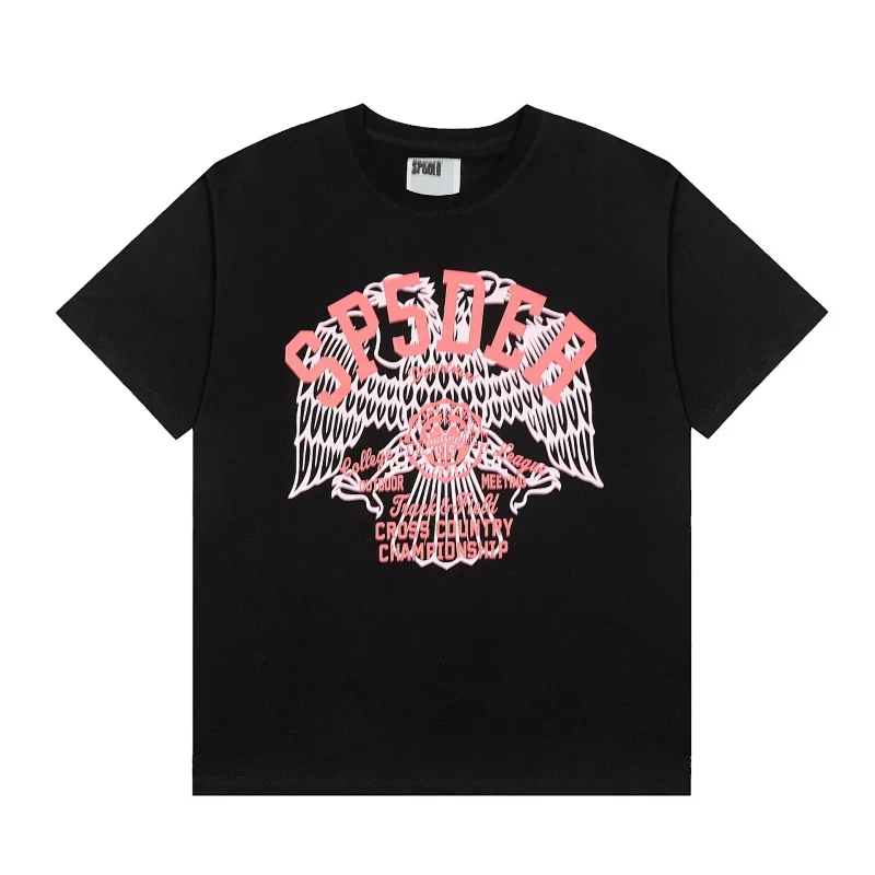 SP5DER Black T - Shirt with Pink Eagle & Text Graphic
