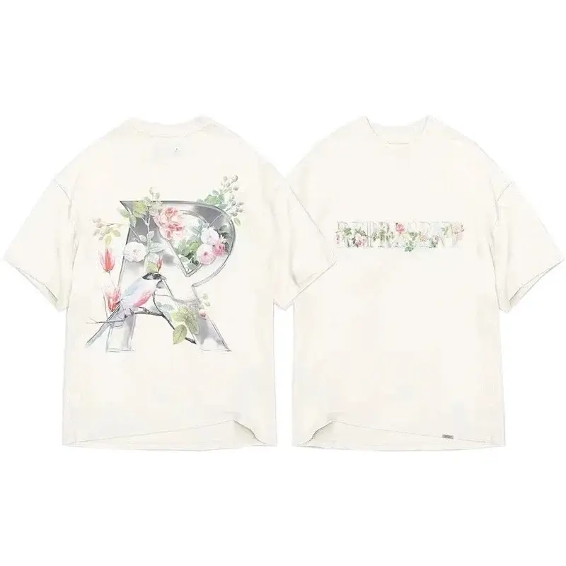 RUIDESCENT White Oversize T-Shirt Floral Bird Print