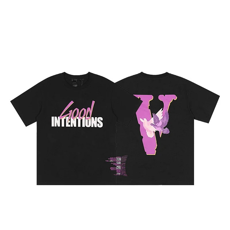 VLONE Good Intentions Black T - Shirt with Pink V & Doves Graphic