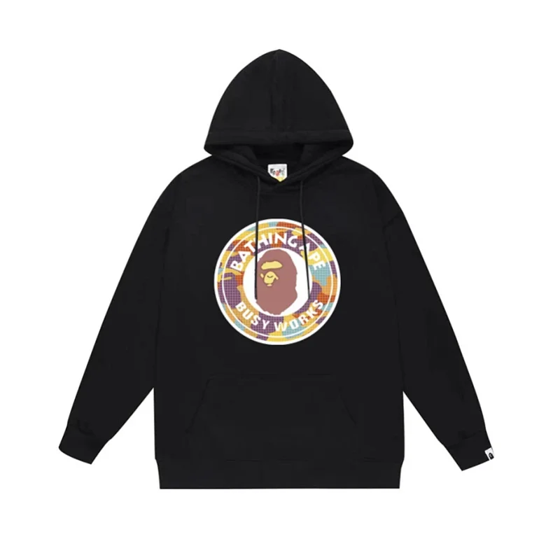 BAPE Black Hoodie with Colorful Camo Circle, Ape Head Logo & "BATHING APE" "BUSY WORKS" Print