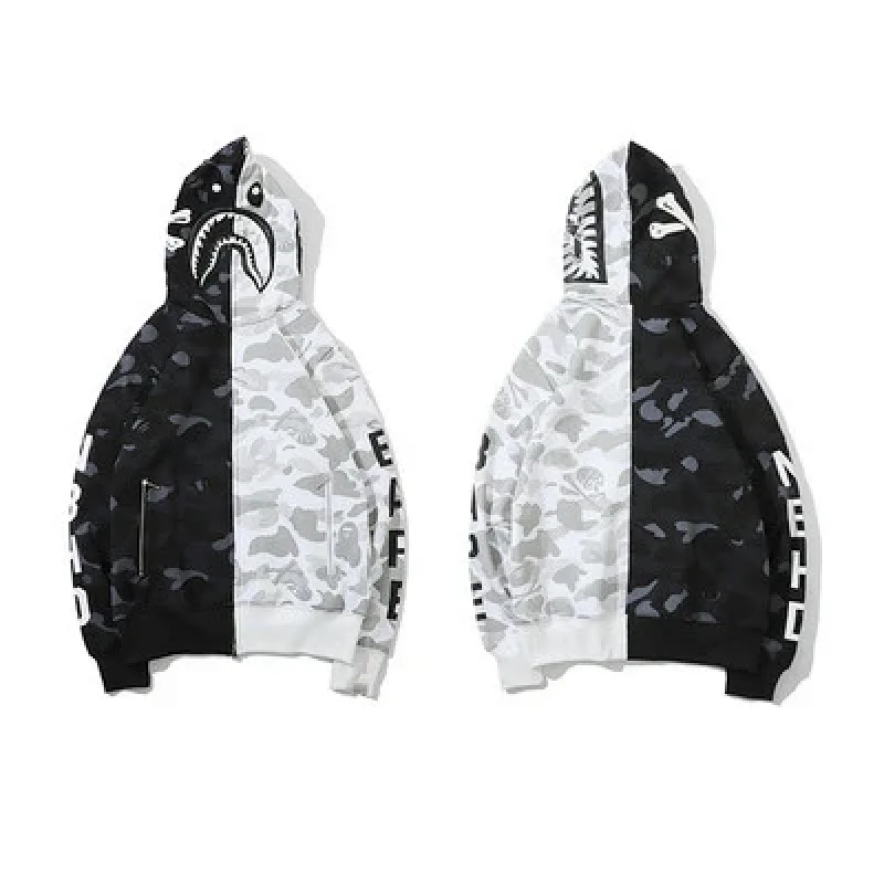 BAPE Black White Camouflage Split Shark Head Hooded Zipper Jacket