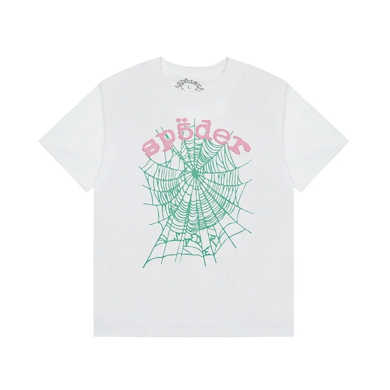 Sp5der White T - Shirt with Green Spider Web & Pink "spöder" Graphic