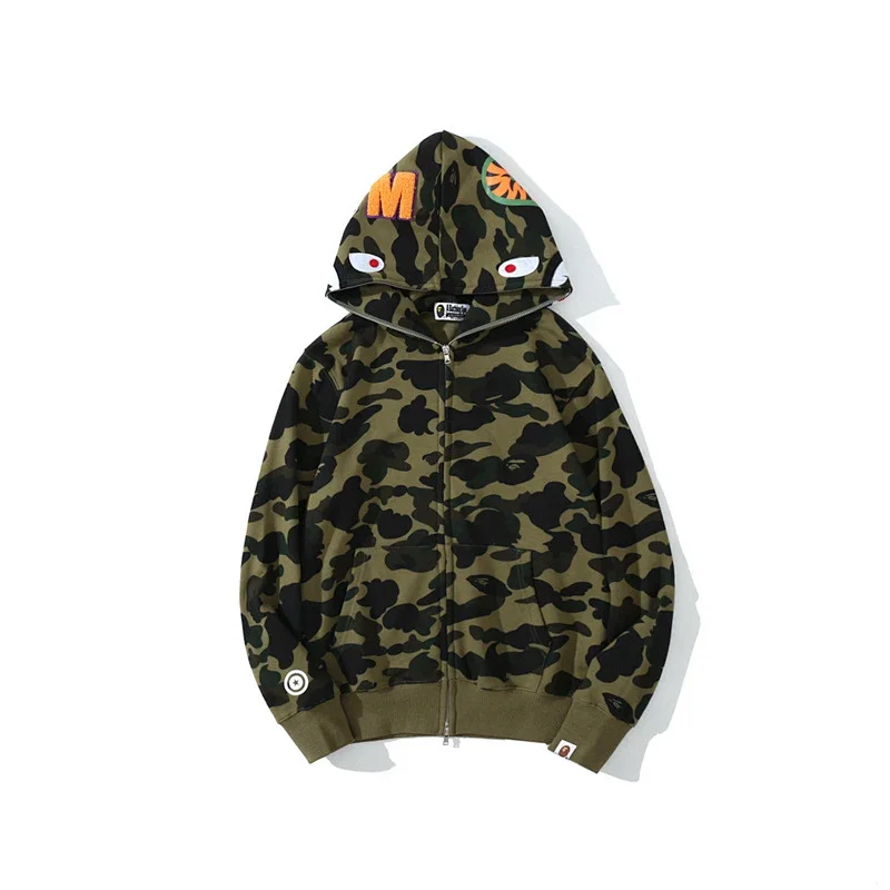 BAPE Olive Green Camouflage Hooded Zip - Up Sweatshirt with Eye & M Logo