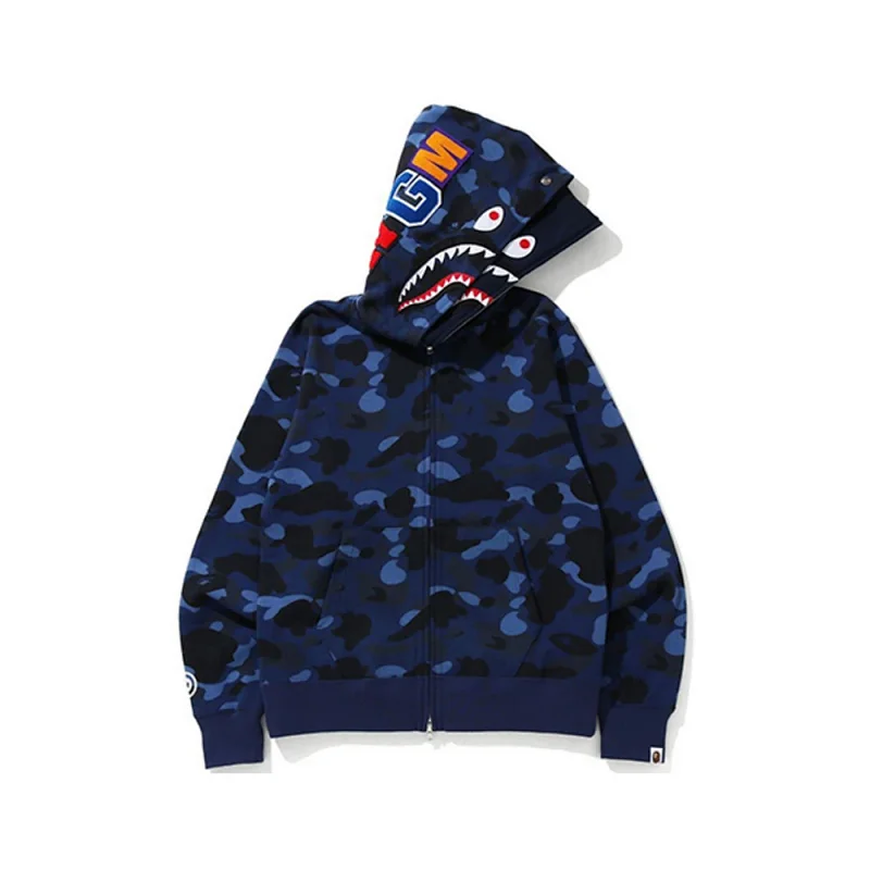 BAPE Navy Blue Camouflage Shark Mouth Hooded Zip - Up Sweatshirt