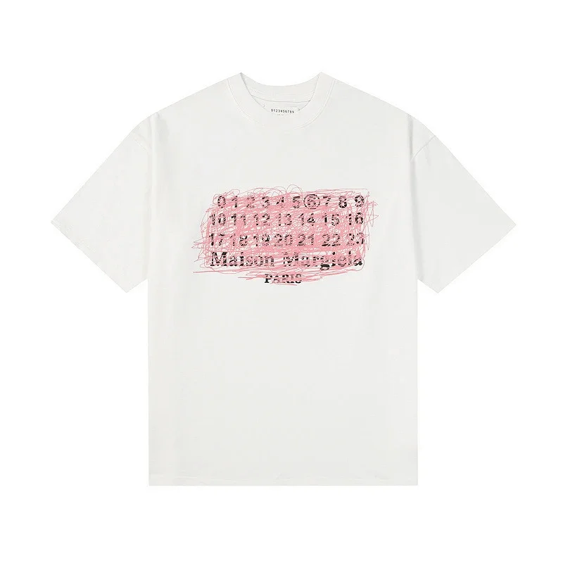 Maison Margiela White Short - Sleeve T - Shirt with Front Pink Scribble - Style Number & Brand Text Print