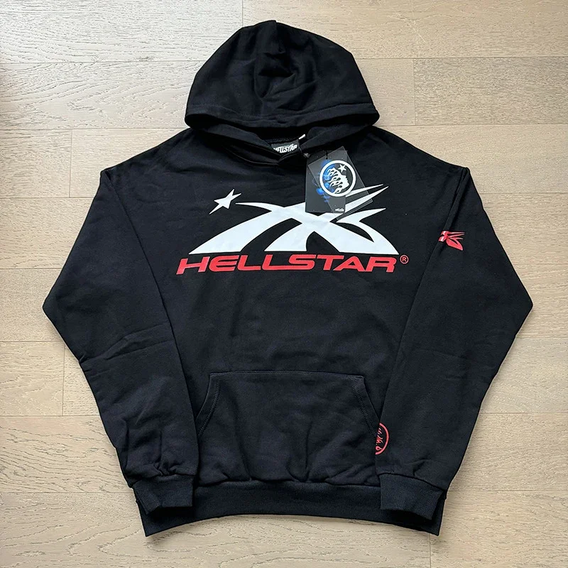 HELLSTAR Black Hoodie with Large Logo, Front Pocket & Sleeve Details