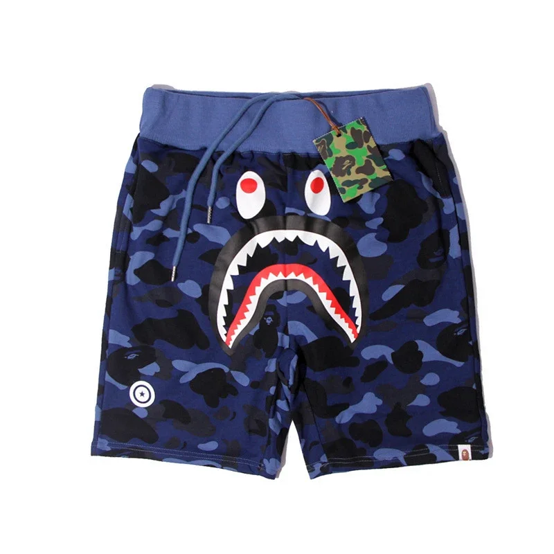 BAPE Blue Camouflage Shark Mouth Pattern Drawstring Shorts