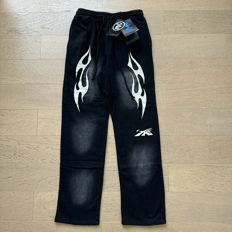 HELLSTAR Black Flame Graphic Distressed Drawstring Loose Sweatpants