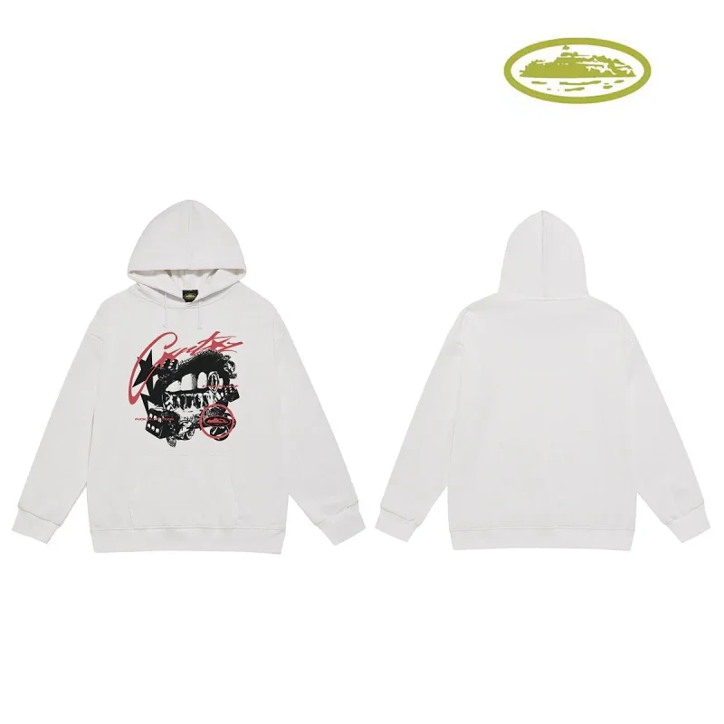 Corteiz White Graphic Hoodie with Mouth & Symbol Design