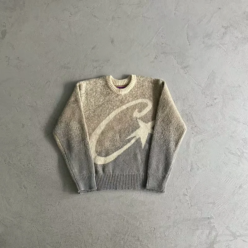 [Brand] Gray Gradient Star & Curve Graphic Crew Neck Knit Sweater