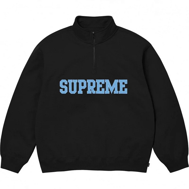 Supreme Black Half - Zip Sweatshirt with Light Blue "SUPREME" Embroidery