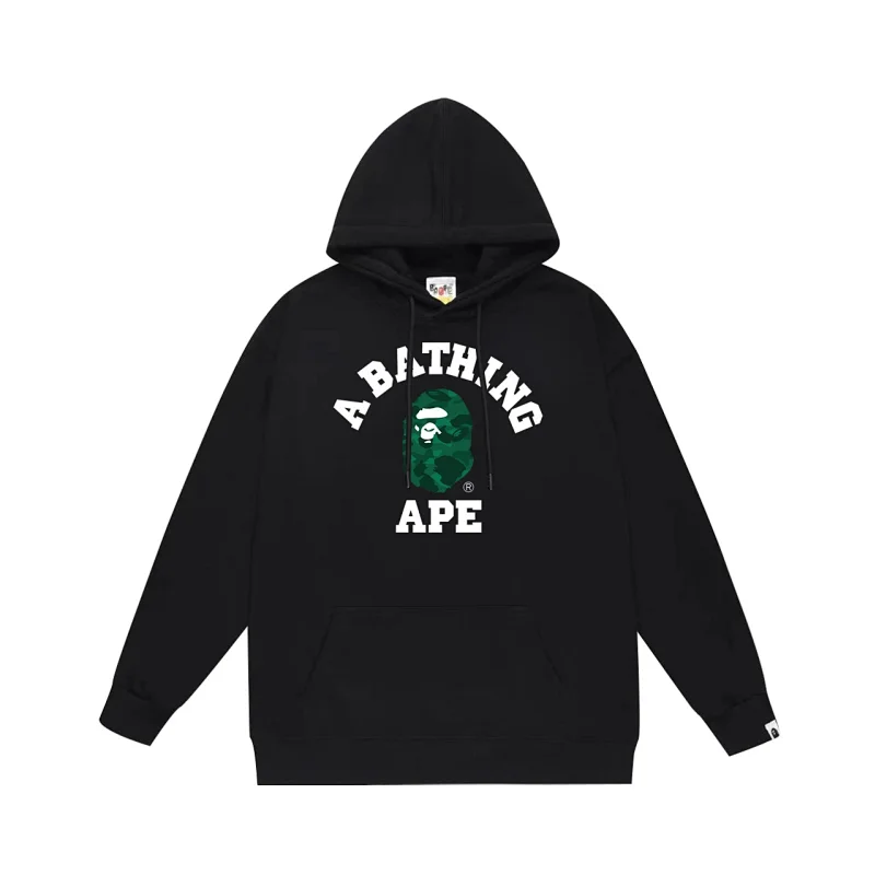 A BATHING APE Black Hoodie with Green Camo Ape Head Logo