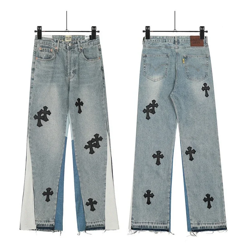CALIBER DEEP Light Blue Denim Jeans with Black Cross Embroidery, Paneled Design & Frayed Hem
