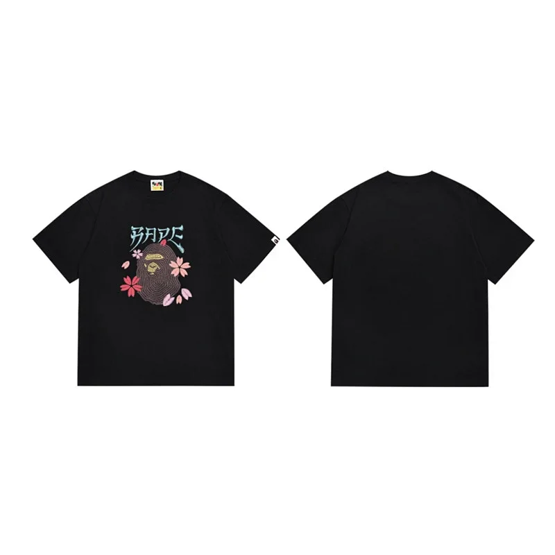 BAPE Black Short Sleeve T - Shirt with Ape Head & Sakura Pattern