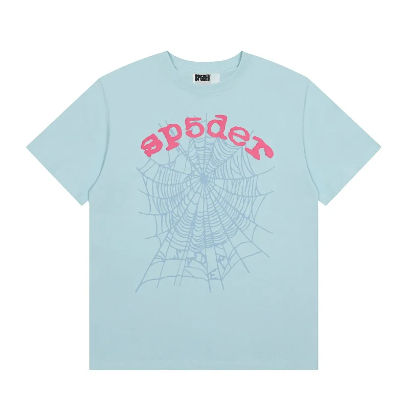 SP5DER Light Blue T - Shirt with Spider Web & Pink "sp5der" Graphic