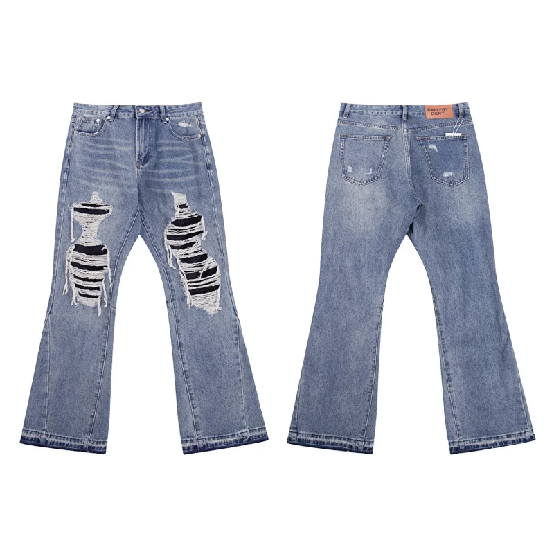 GALLERY DEPT Light Blue Distressed Flared Jeans with Striped Patches