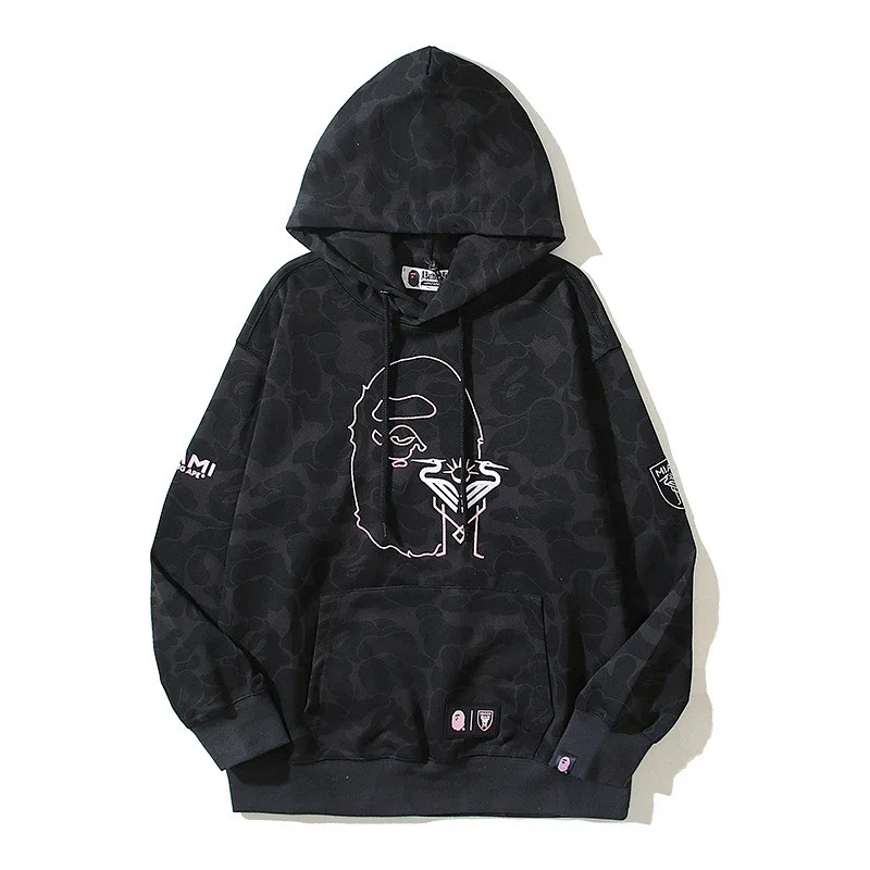 BAPE Black Camouflage Ape Head Graphic Hooded Sweatshirt with Front Pocket & Sleeve Patches
