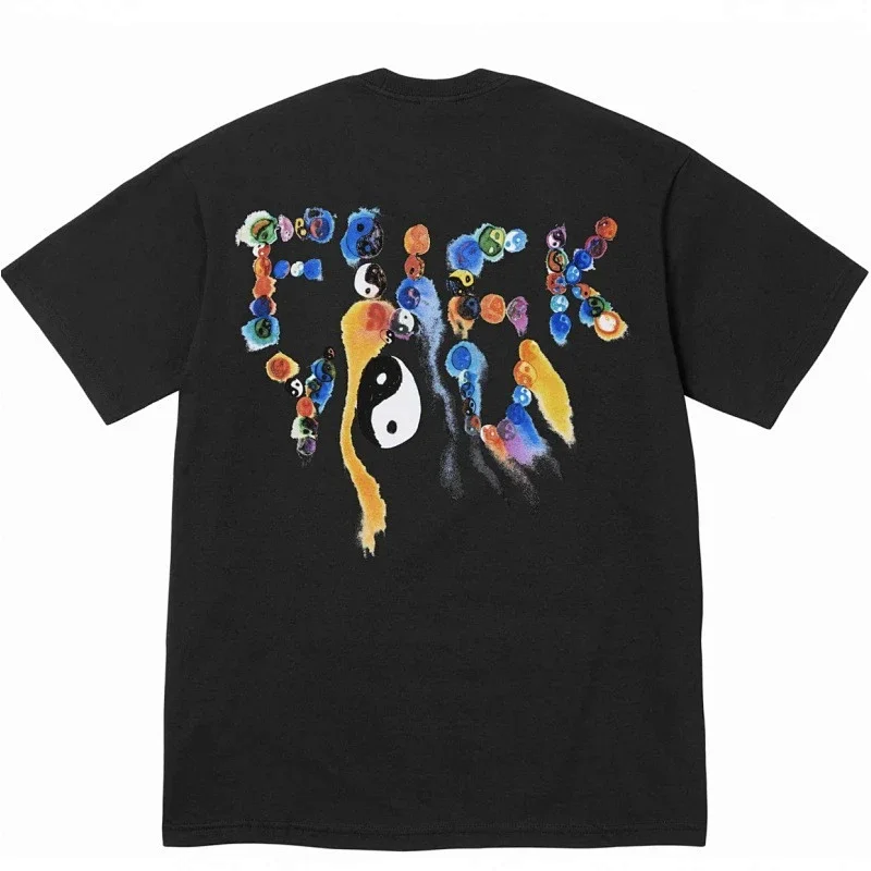 FORK Black Short - Sleeve T - Shirt with Back Colorful Yin - Yang & Dot - Formed Letter Graphic