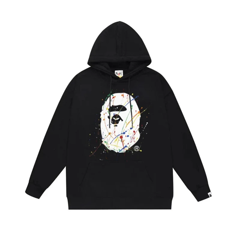 BAPE Black Hoodie with Splatter Paint Ape Head Graphic