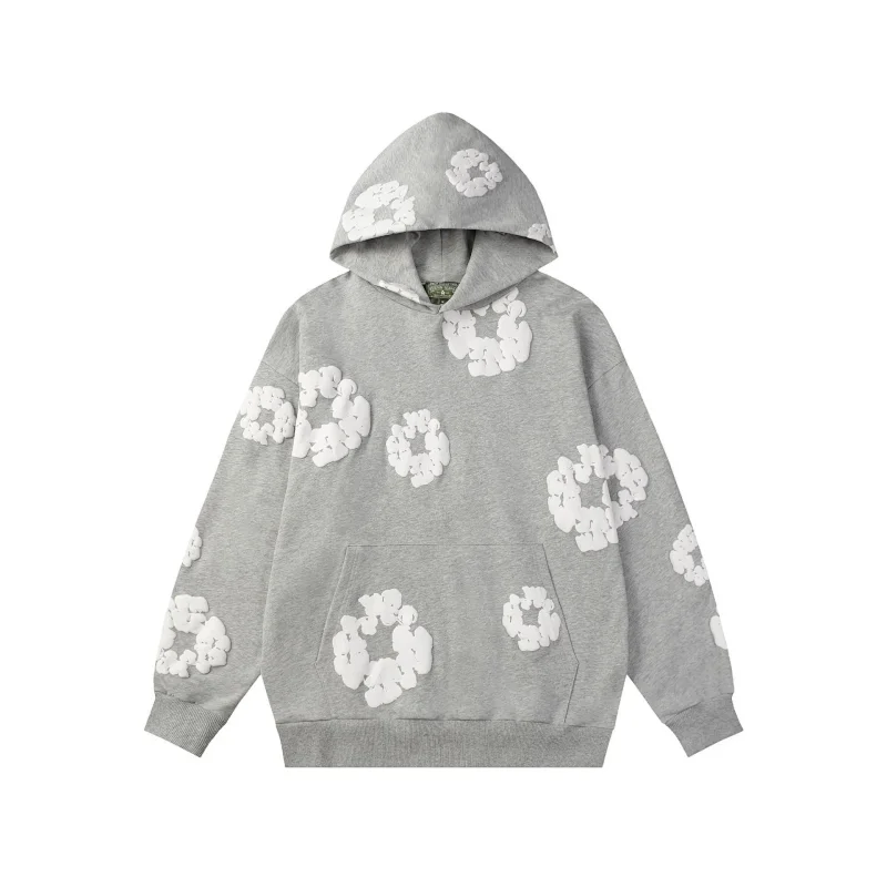 DENIM TEARS Gray Hoodie with White Floral Patterns